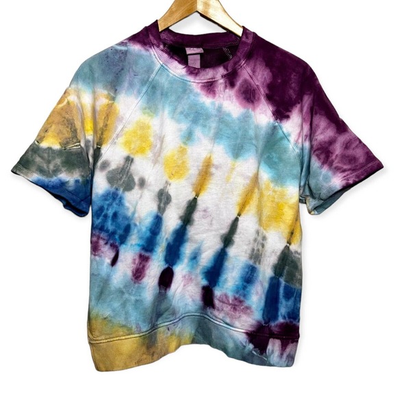 Hand Made Tops - Hand Tie Dyed Upcycled Multicolor French Terry Short Sleeve Sweatshirt Women's M